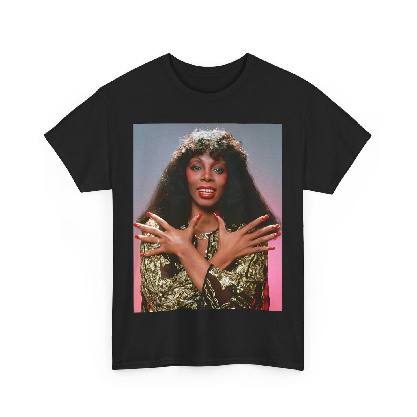 A black graphic t-shirt featuring a retro graphic of Donna Summer as the Queen of Disco.