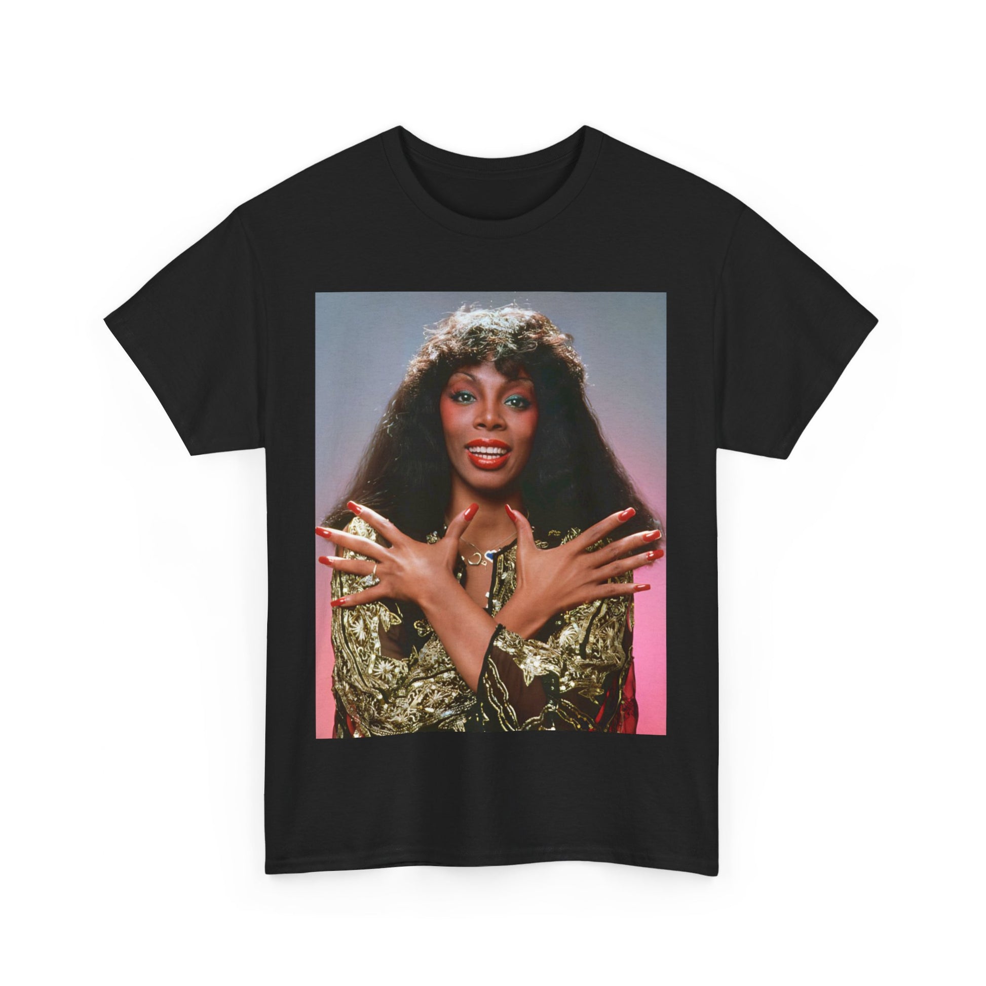 A black graphic t-shirt featuring a retro graphic of Donna Summer as the Queen of Disco.