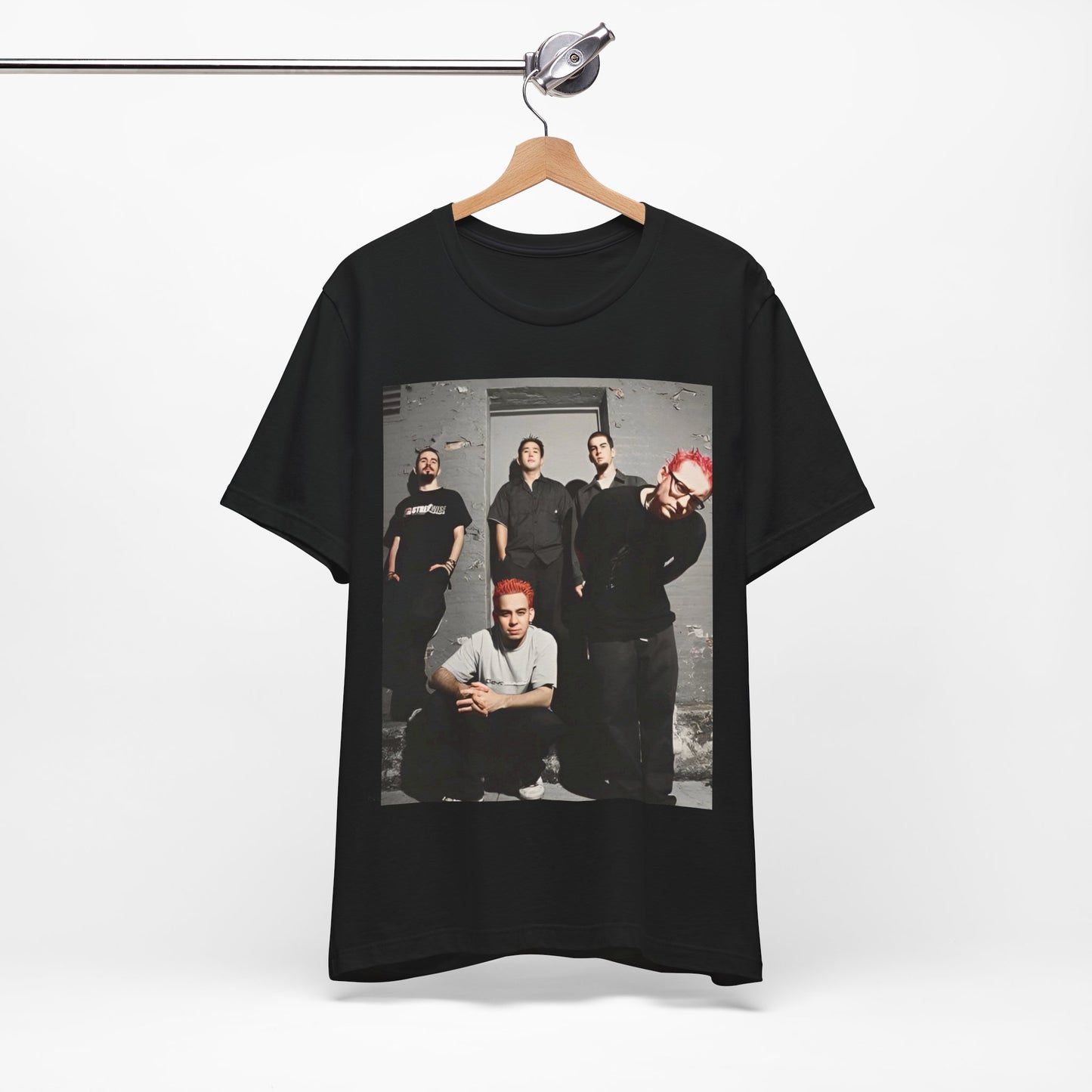 A black graphic t-shirt featuring a retro alt rock band graphic of Linkin Park.