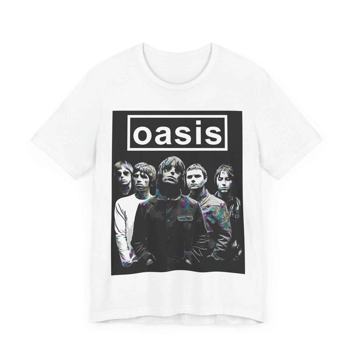 A black graphic t-shirt featuring a retro graphic related to Oasis's 'Definitely Maybe' album era.
