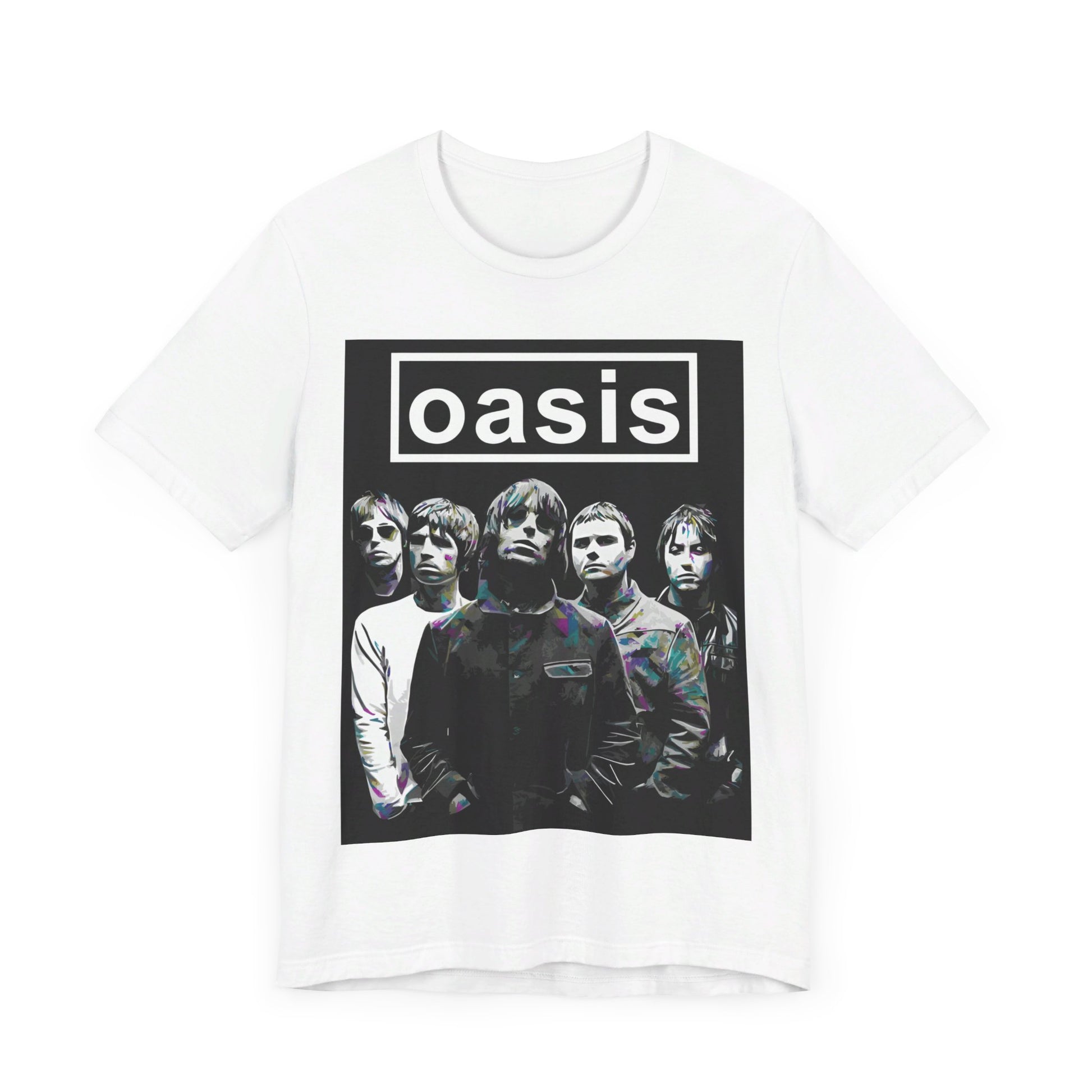 A black graphic t-shirt featuring a retro graphic related to Oasis's 'Definitely Maybe' album era.
