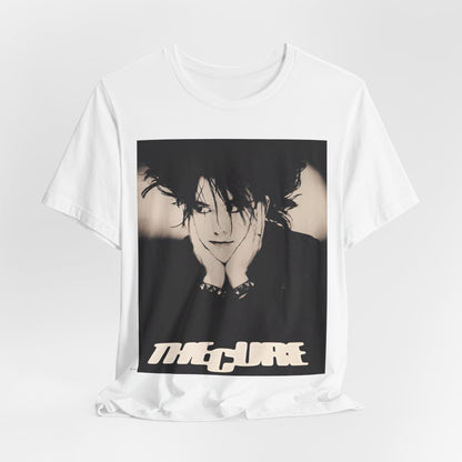 A black graphic t-shirt featuring a graphic of The Cure with cool new wave vibes.