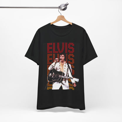 A black graphic t-shirt featuring a graphic related to Elvis Presley's '68 Comeback Special'.
