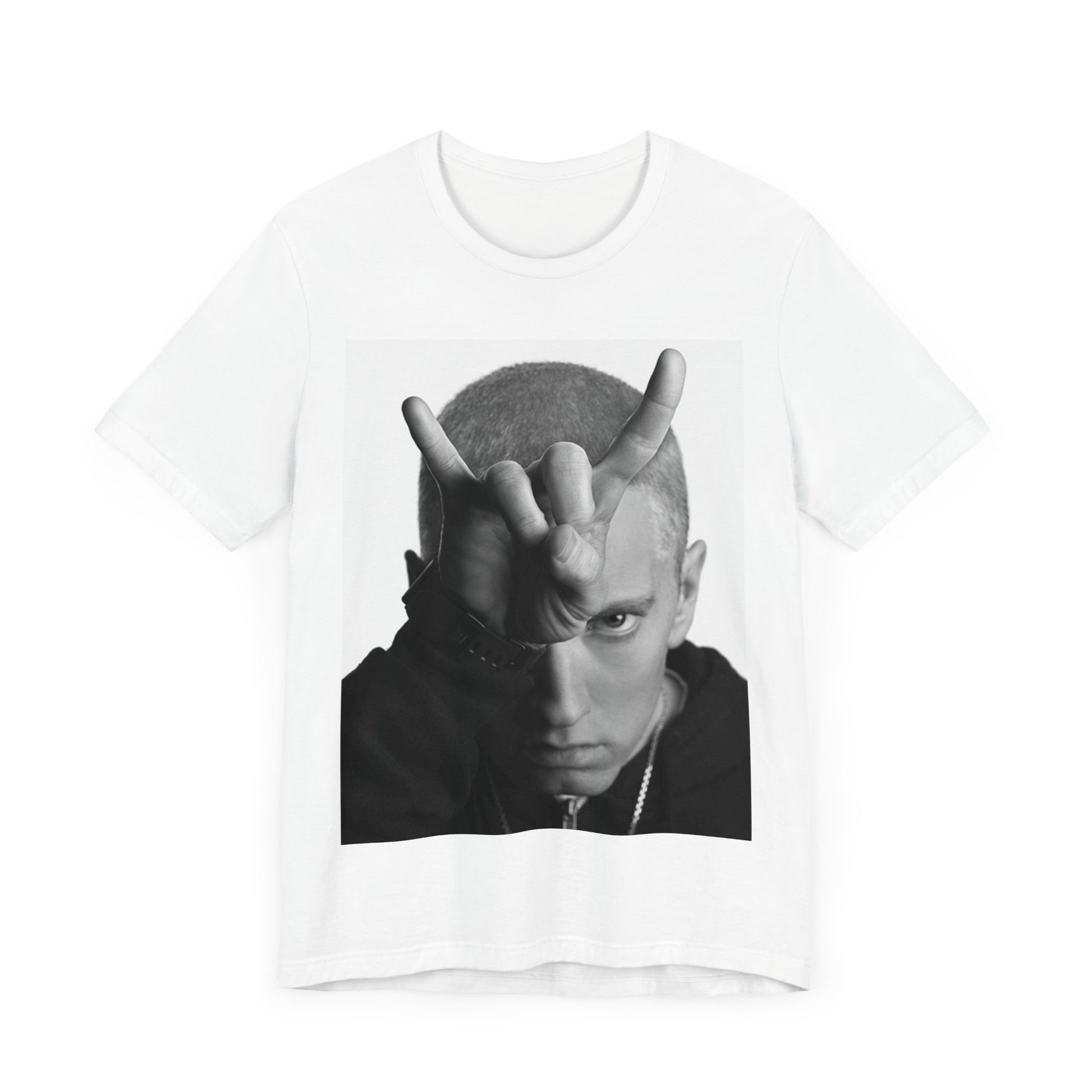 A black graphic t-shirt featuring a graphic related to Eminem's 'My Name Is' song or era.