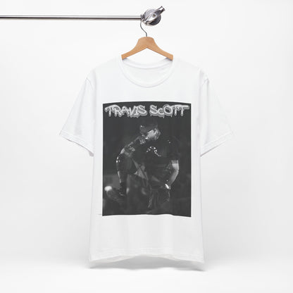 A black graphic t-shirt featuring a casual rap fan graphic of Travis Scott.