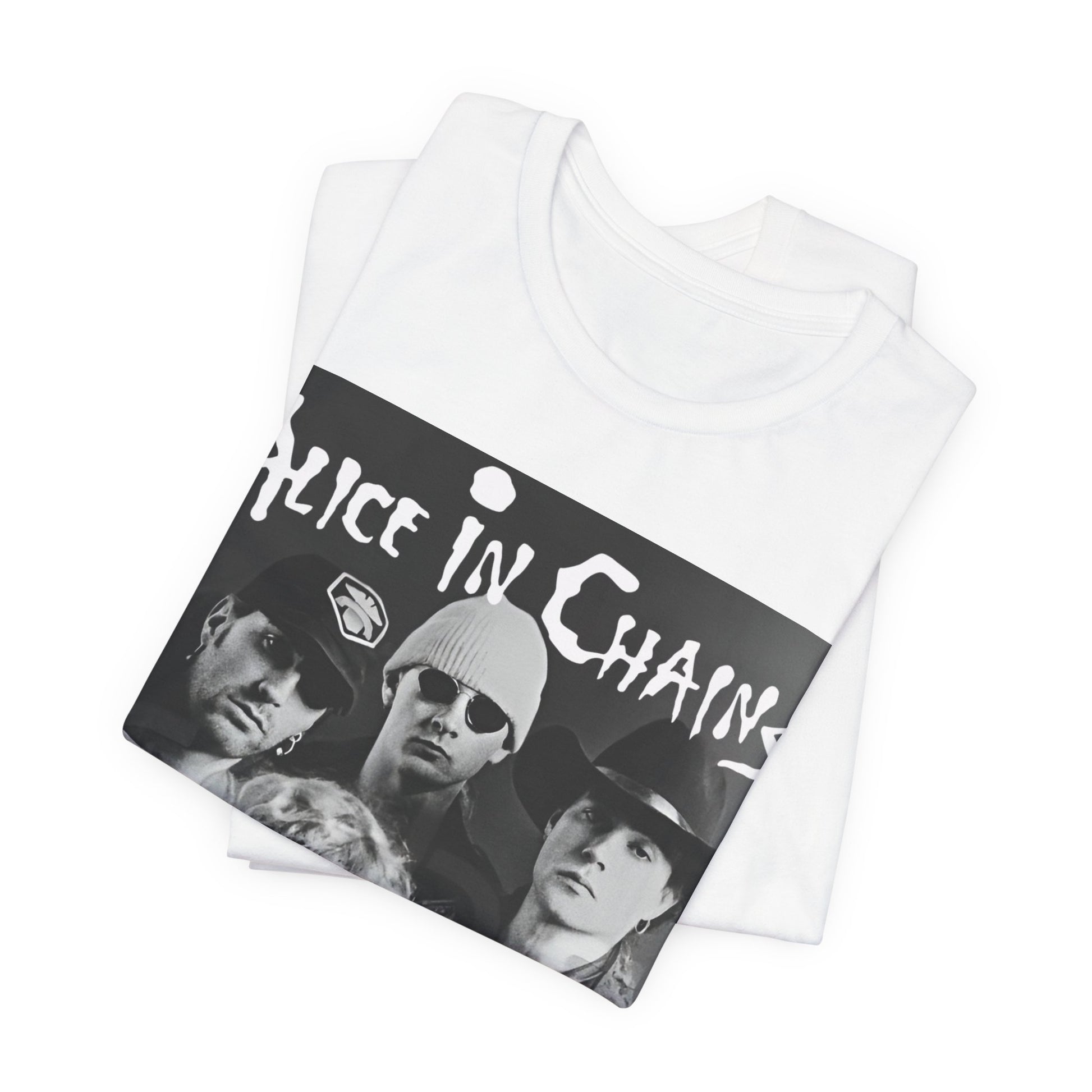 A black graphic t-shirt featuring a black and white photographic portrait of the band Alice In Chains, capturing their iconic grunge look.