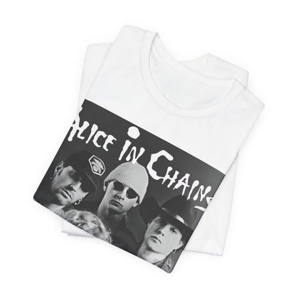 A black graphic t-shirt featuring a black and white photographic portrait of the band Alice In Chains, capturing their iconic grunge look.