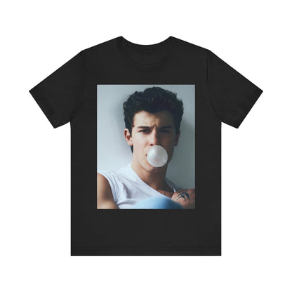 A black graphic t-shirt featuring a photo of Shawn Mendes with a fierce, confident gaze.
