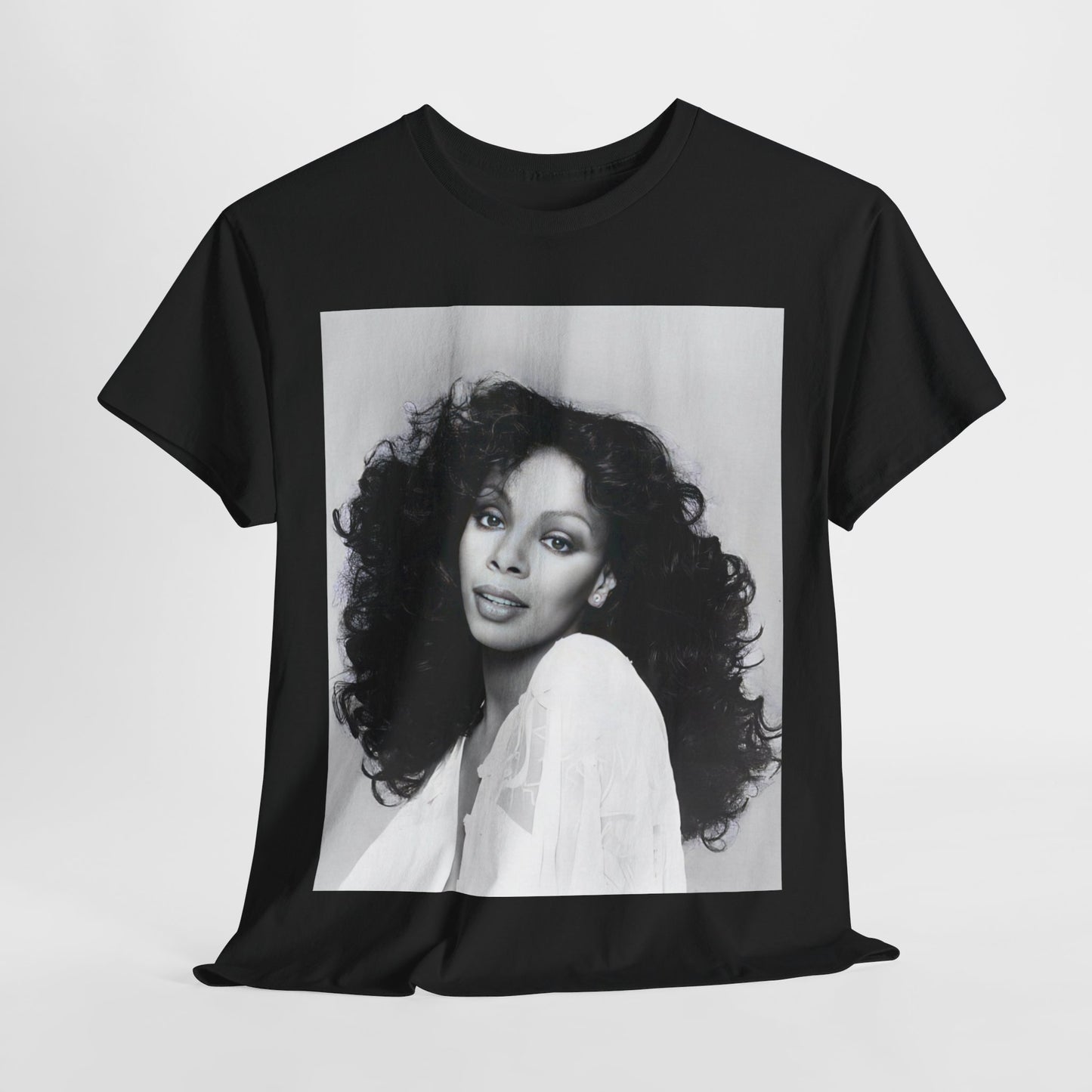 A black graphic t-shirt featuring a black and white portrait photo of Donna Summer.
