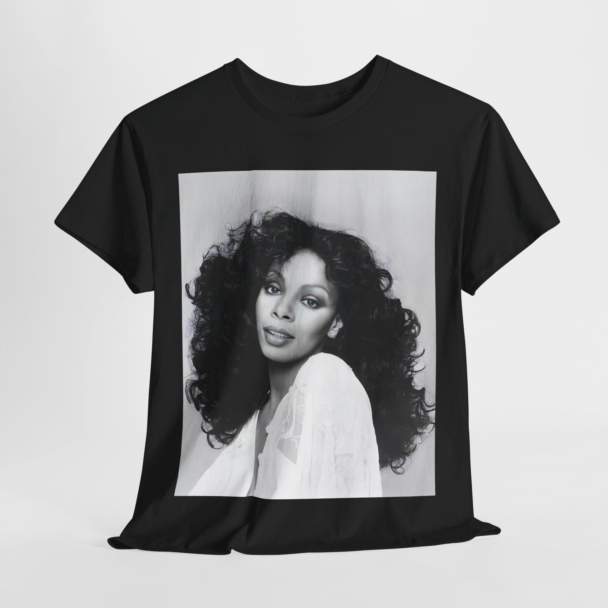 A black graphic t-shirt featuring a black and white portrait photo of Donna Summer.
