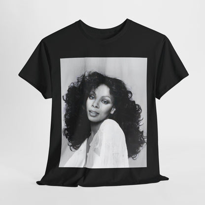 A black graphic t-shirt featuring a black and white portrait photo of Donna Summer.