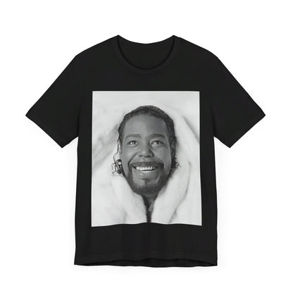 A black graphic t-shirt featuring a retro 70s-style graphic of Barry White as a soul icon.