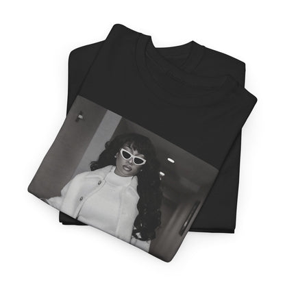 A black graphic t-shirt featuring a black and white portrait photo of Megan Thee Stallion.