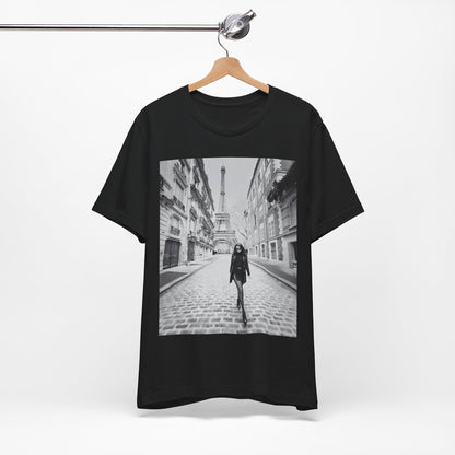A black graphic t-shirt featuring a black and white photo of Selena Gomez in Paris.