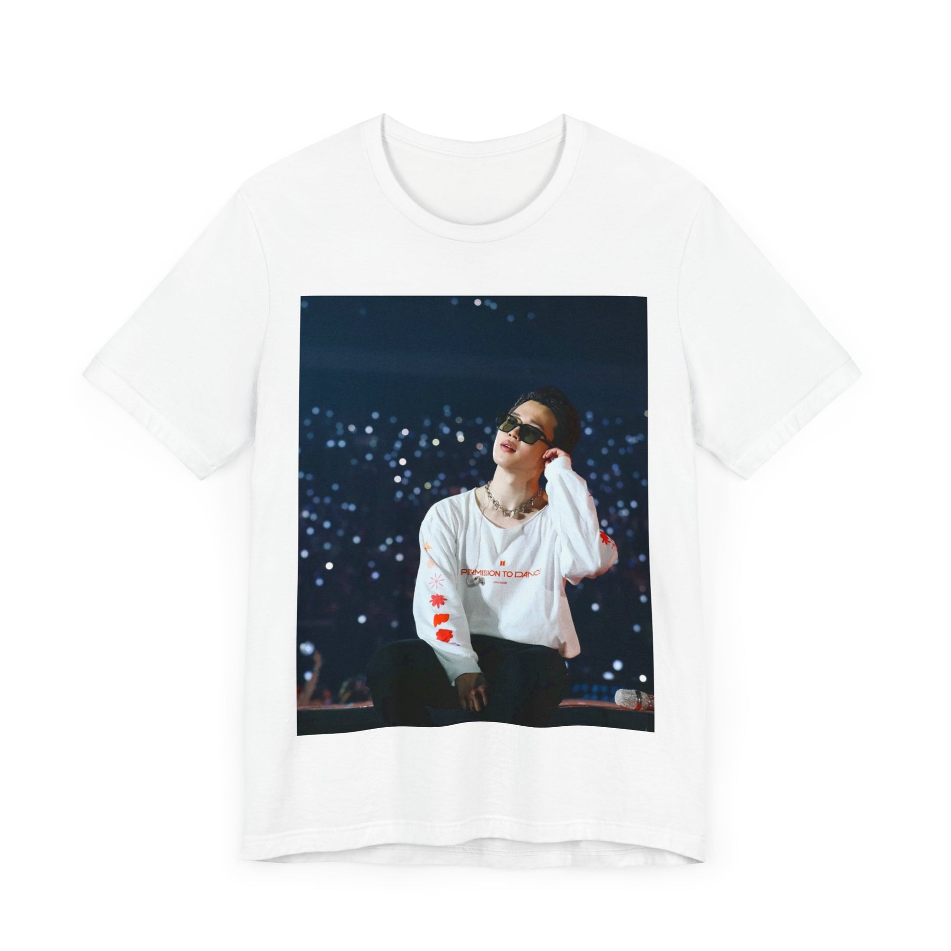 A black graphic t-shirt featuring a vintage aesthetic graphic related to Jimin's 'Lie' era.
