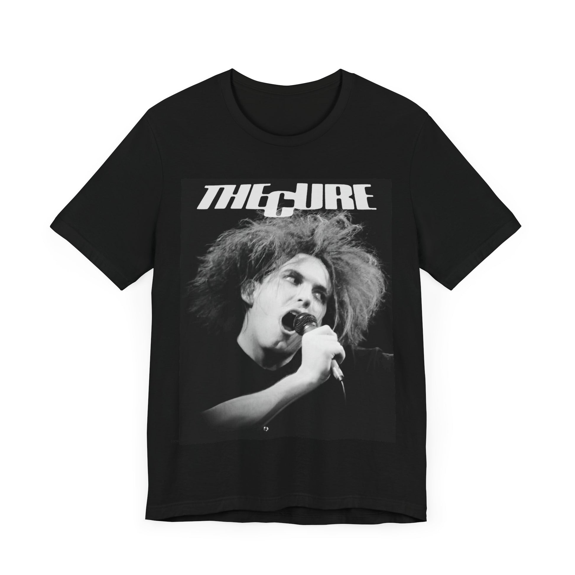 A black graphic t-shirt featuring a graphic of The Cure with a dark romanticism core aesthetic.