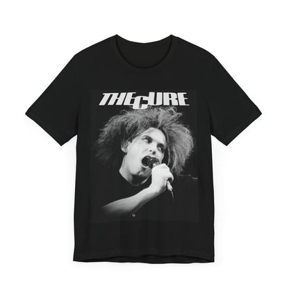 A black graphic t-shirt featuring a graphic of The Cure with a dark romanticism core aesthetic.