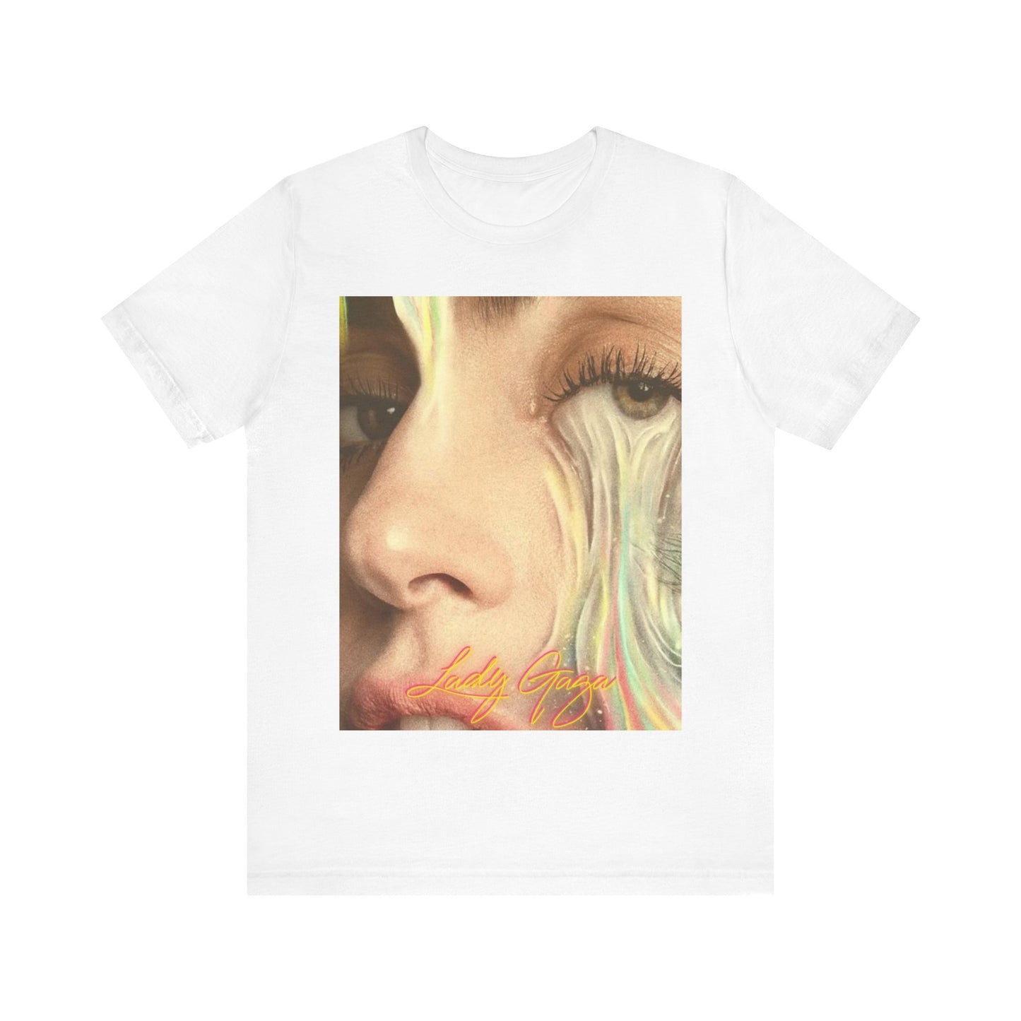 A black graphic t-shirt featuring an artistic or aesthetic graphic of Lady Gaga.