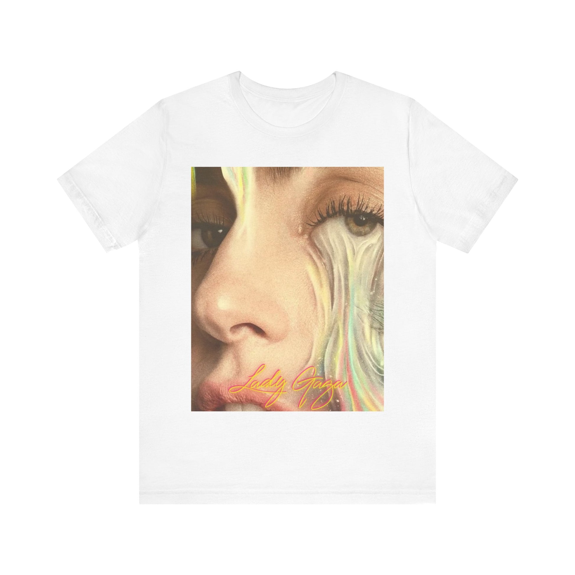 A black graphic t-shirt featuring an artistic or aesthetic graphic of Lady Gaga.