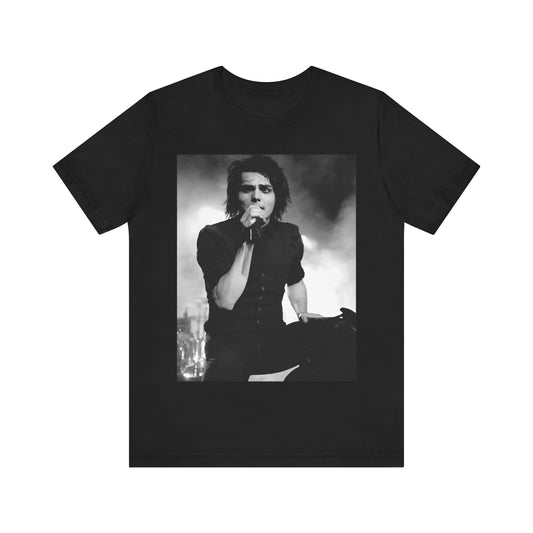 A black graphic t-shirt featuring a black and white graphic or photo of My Chemical Romance performing live in concert.