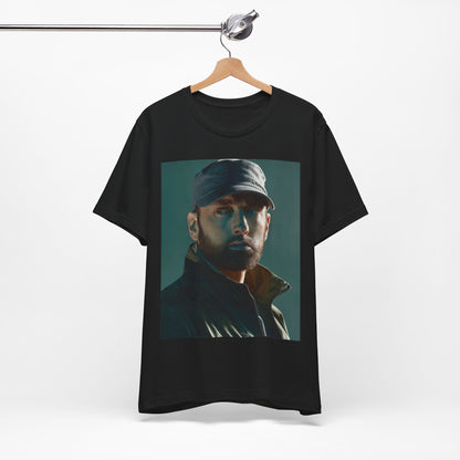 A black graphic t-shirt featuring a graphic of Eminem as a rap genius.