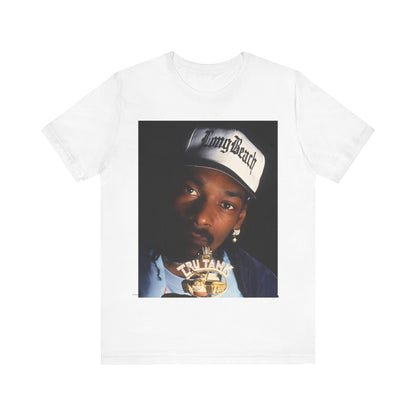 A black graphic t-shirt featuring a graphic of Snoop Dogg as a powerhouse OG rapper.