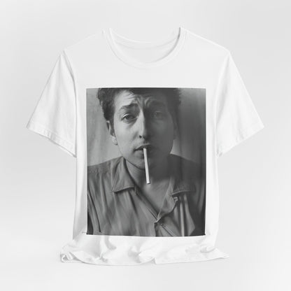 A black graphic t-shirt featuring a graphic of Bob Dylan from the 60s, depicted as a renegade folk icon.