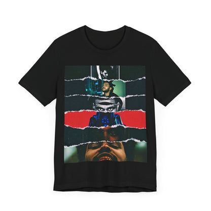 A black graphic t-shirt featuring a graphic representing different aesthetic eras of The Weeknd.