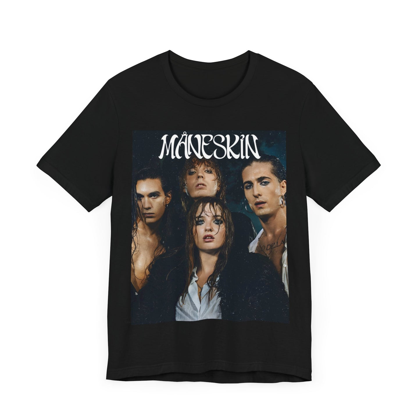 A black graphic t-shirt featuring a graphic of Maneskin with cool Italian rock vibes.