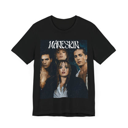 A black graphic t-shirt featuring a graphic of Maneskin with cool Italian rock vibes.