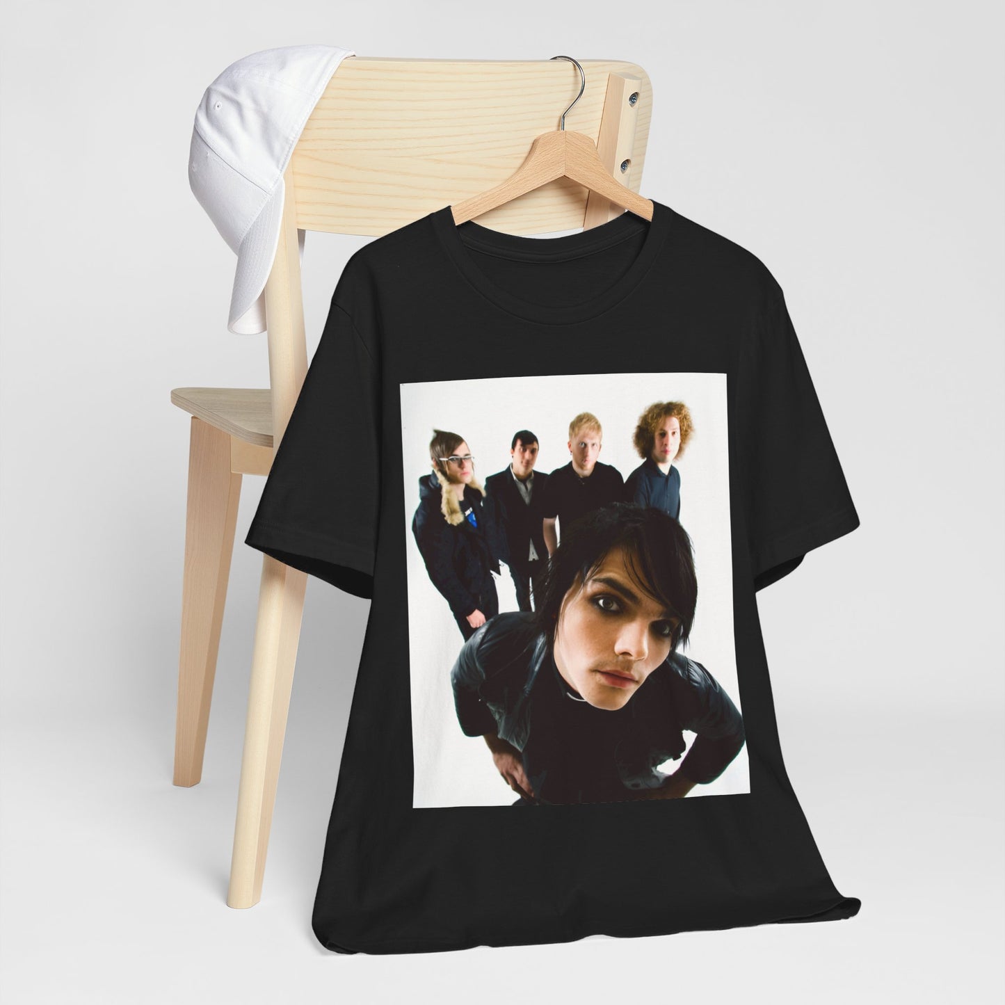 A black graphic t-shirt featuring a vintage emo revival graphic for My Chemical Romance.