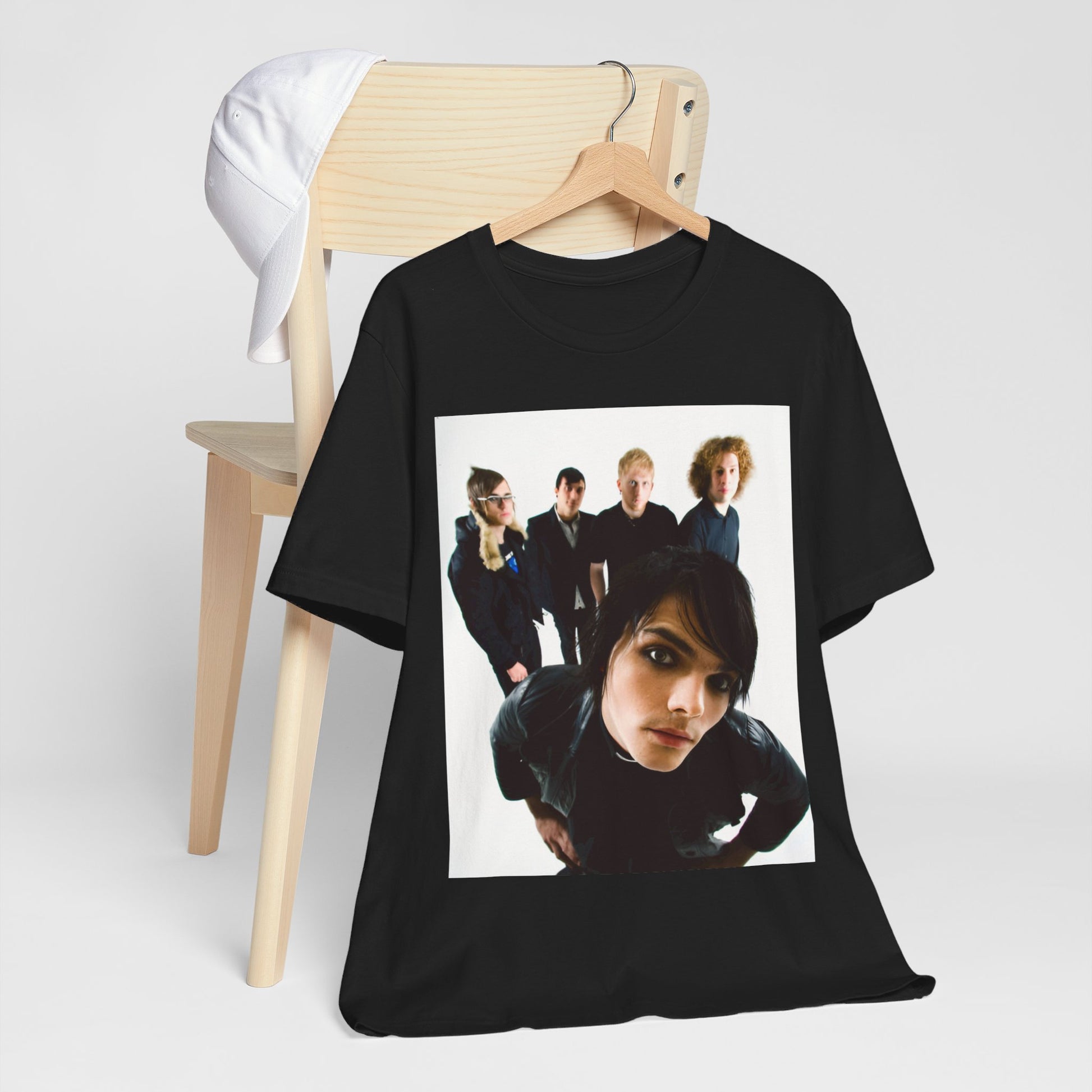 A black graphic t-shirt featuring a vintage emo revival graphic for My Chemical Romance.