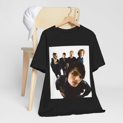 A black graphic t-shirt featuring a vintage emo revival graphic for My Chemical Romance.
