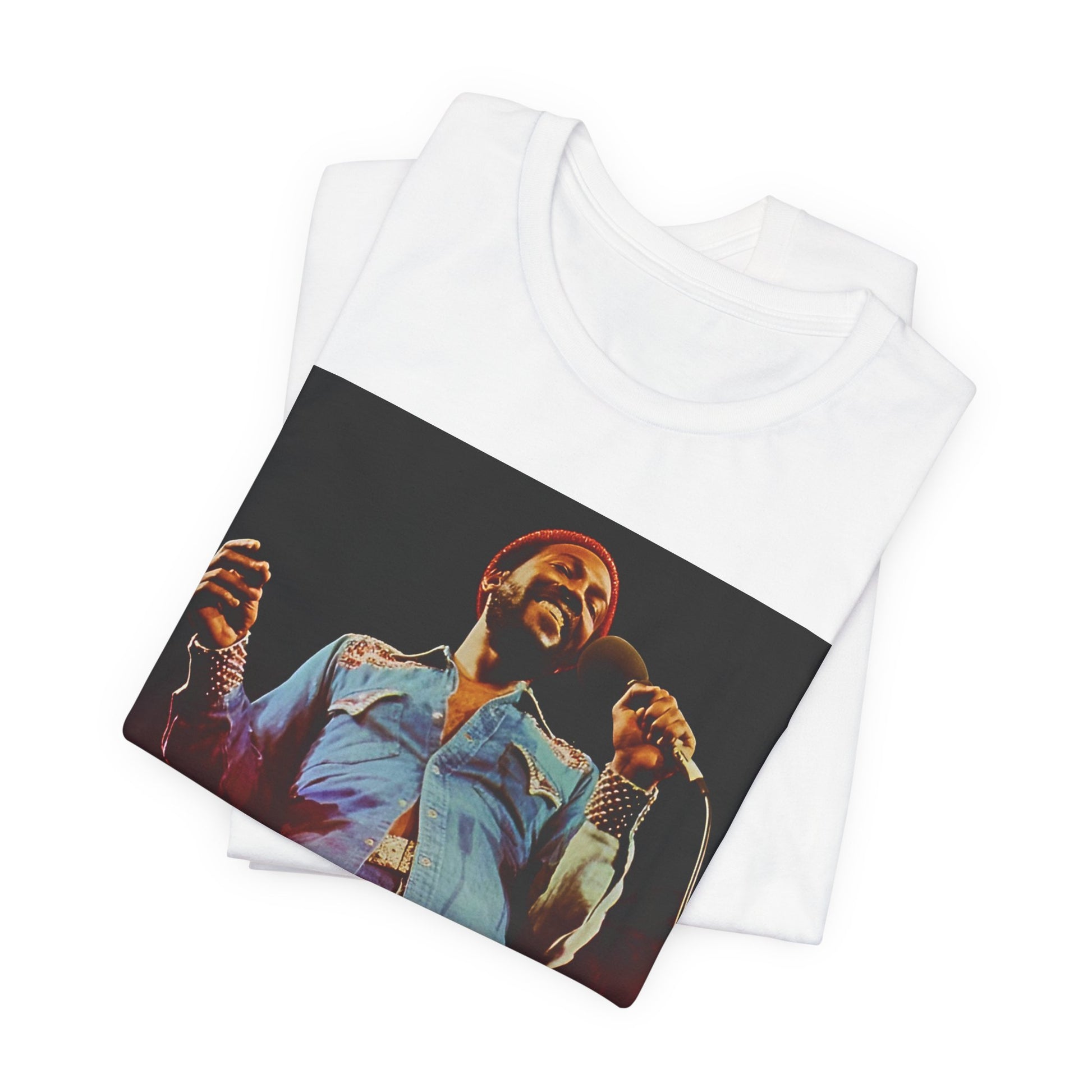 A black graphic t-shirt featuring a graphic of Marvin Gaye with groovy funk vibes.