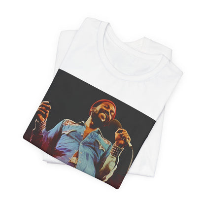 A black graphic t-shirt featuring a graphic of Marvin Gaye with groovy funk vibes.
