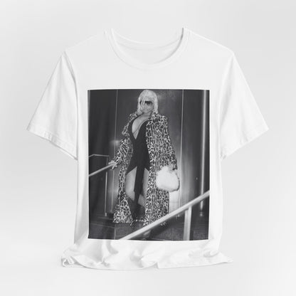 A black graphic t-shirt featuring a black and white glam aesthetic graphic of Nicki Minaj.