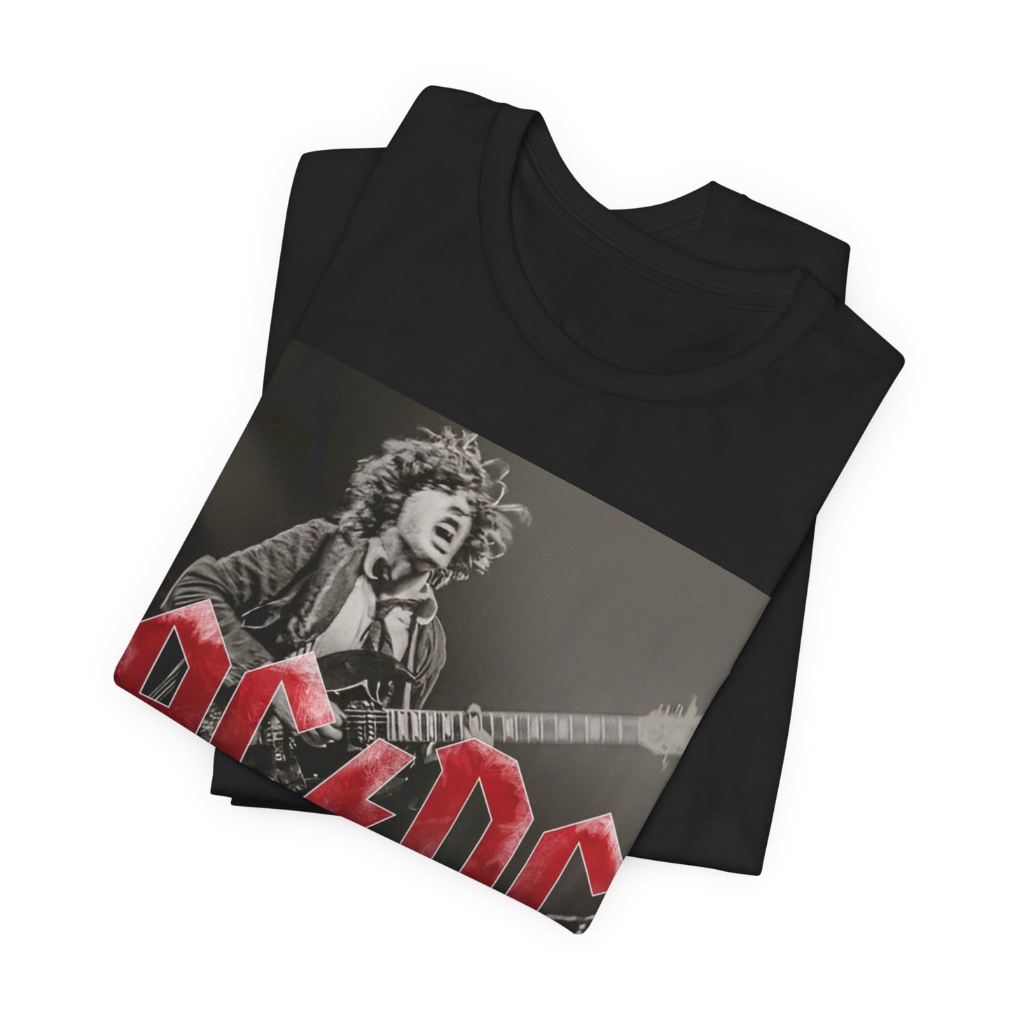 A black graphic t-shirt featuring the AC/DC logo with a dynamic image of Angus Young playing guitar, evoking the phrase 'Feel the Thunder'.