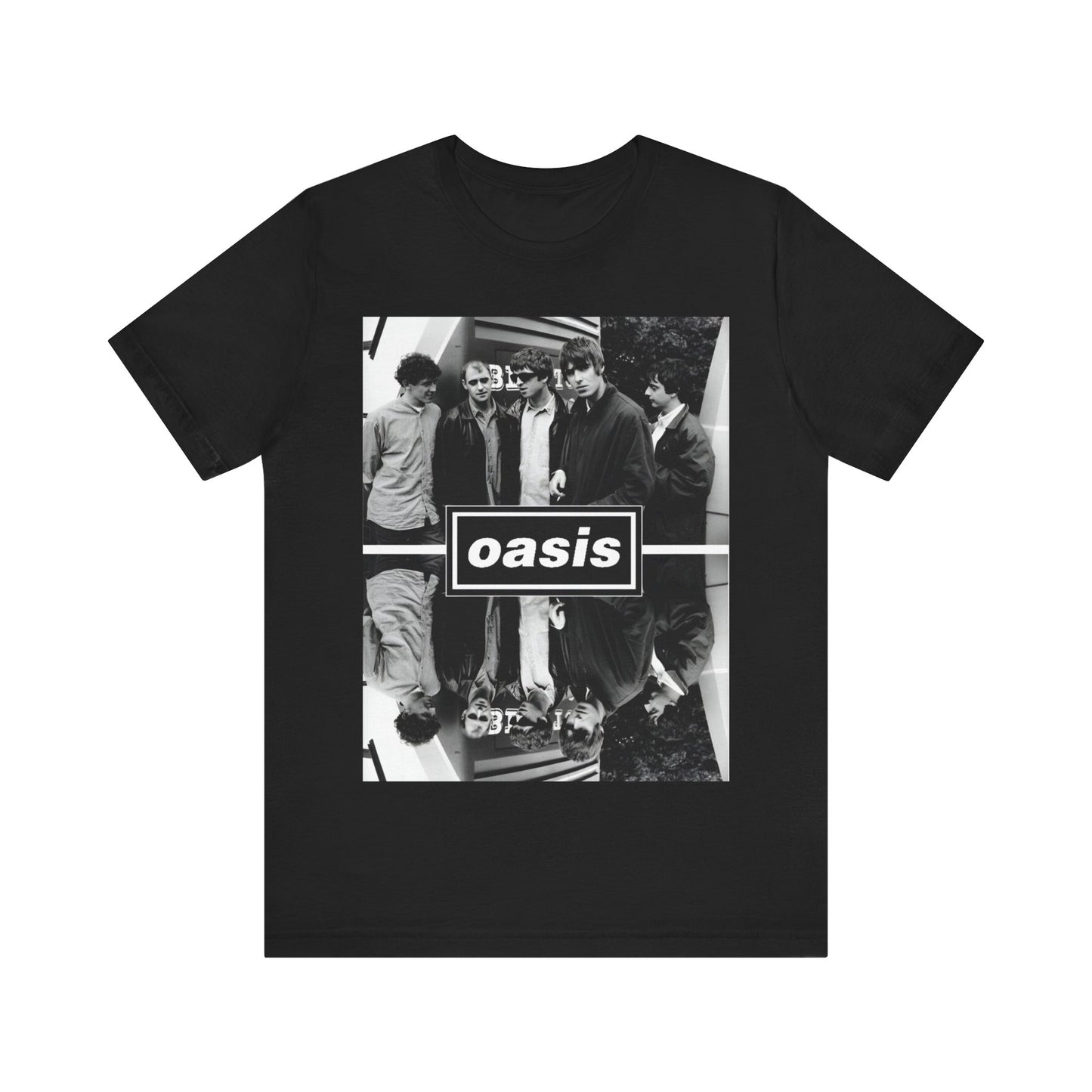 A black graphic t-shirt featuring an early days band photo graphic of Oasis.