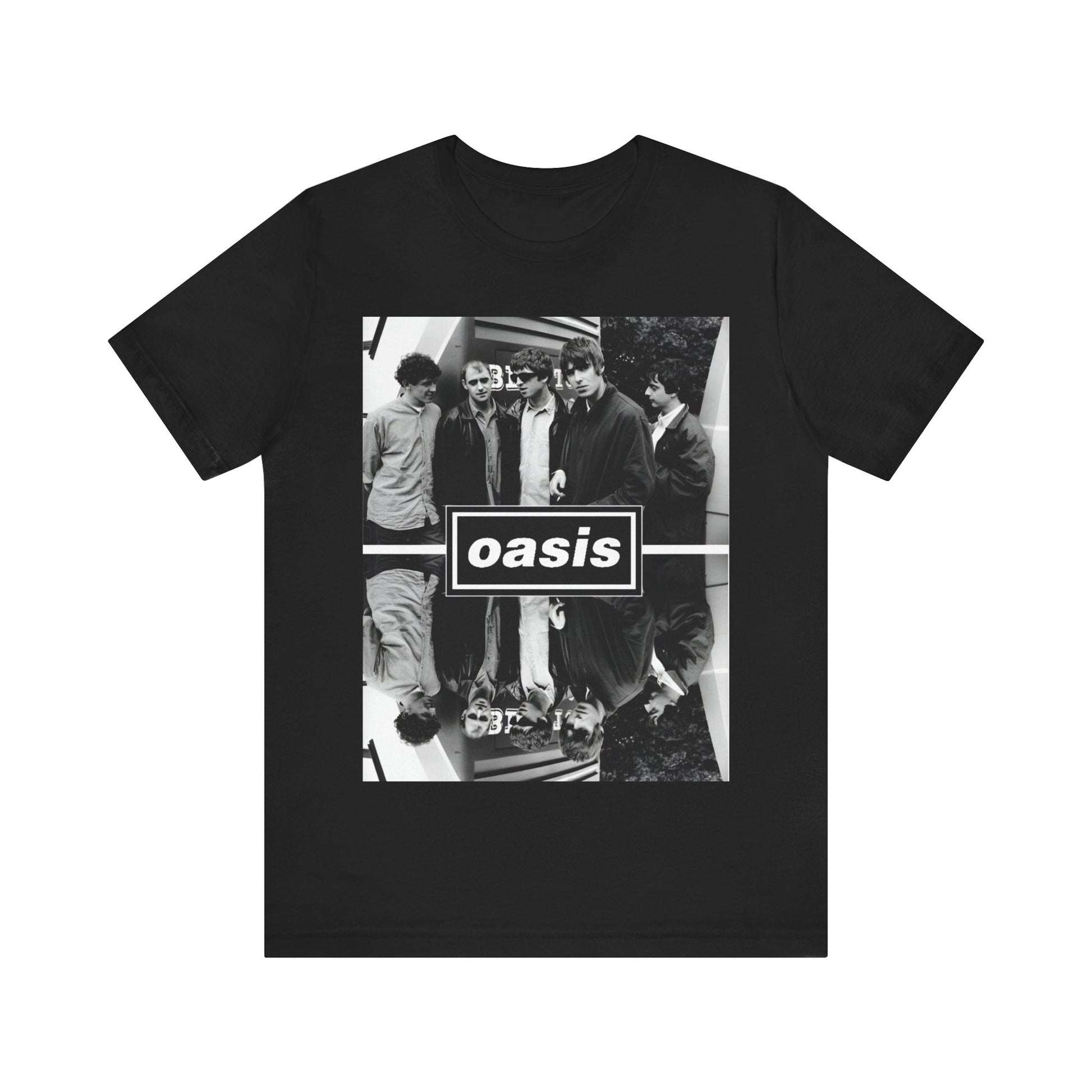 A black graphic t-shirt featuring an early days band photo graphic of Oasis.