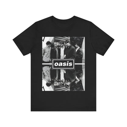 A black graphic t-shirt featuring an early days band photo graphic of Oasis.