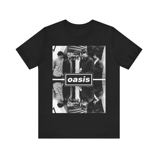 A black graphic t-shirt featuring an early days band photo graphic of Oasis.