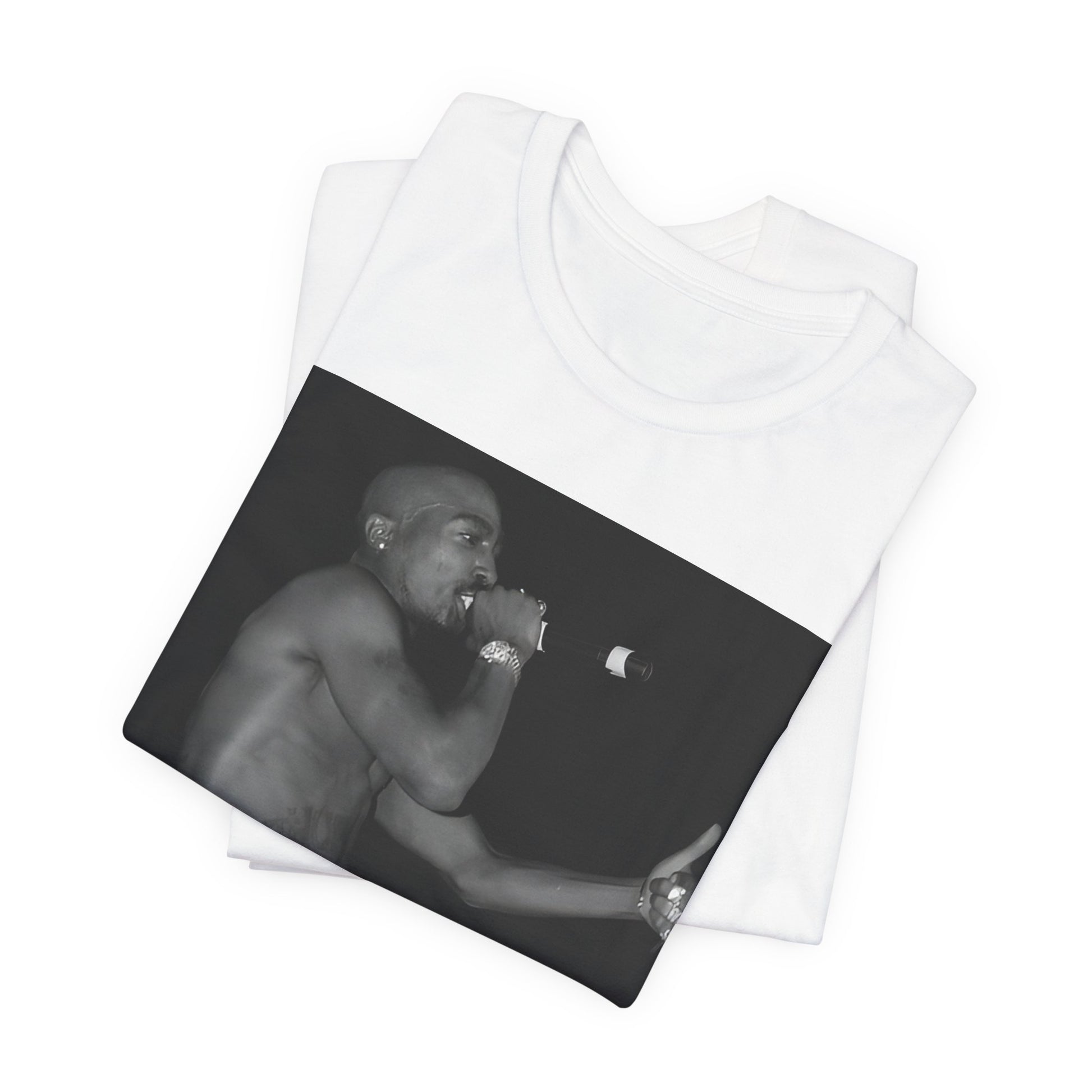 A black graphic t-shirt featuring a graphic of Tupac as a justice fighter.