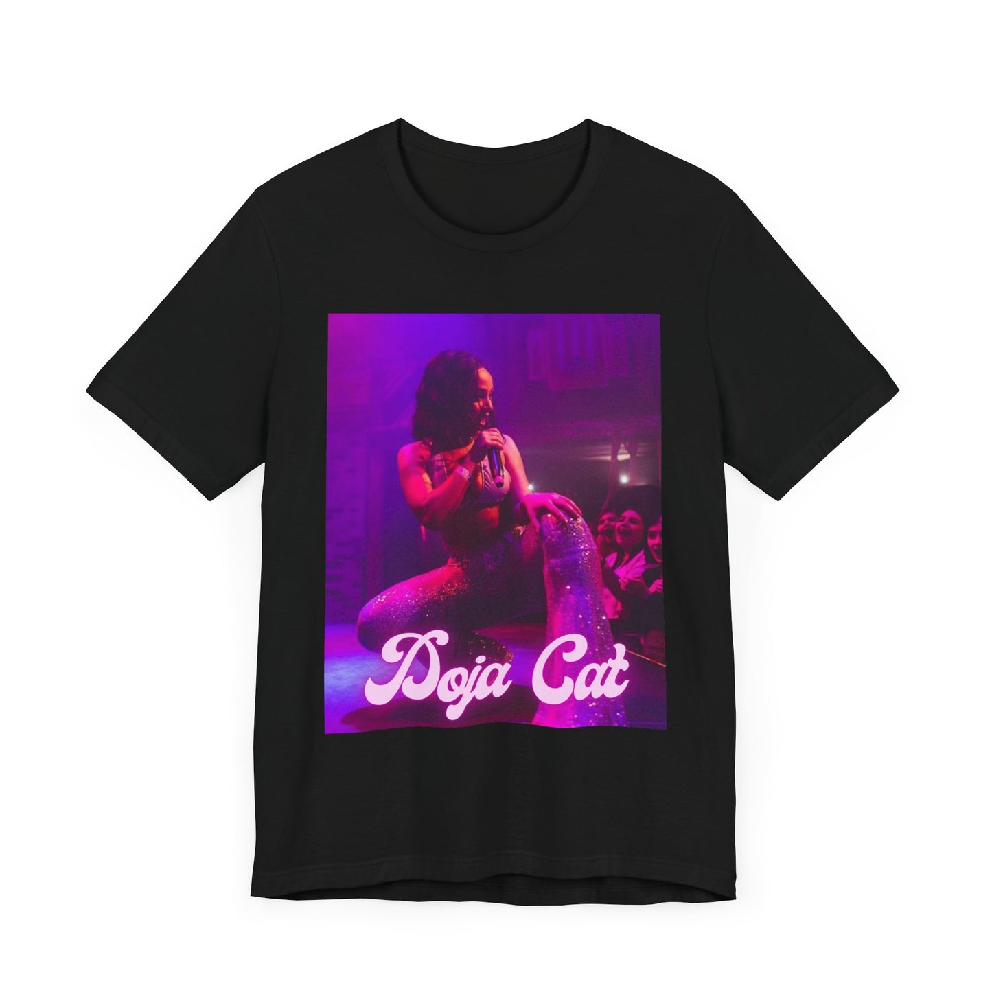 A black graphic t-shirt featuring a glamorous graphic or photo of Doja Cat performing on stage.