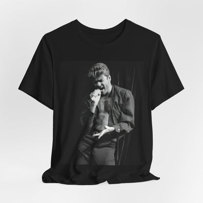 A black graphic t-shirt featuring a glamorous photo or graphic of George Michael performing live.