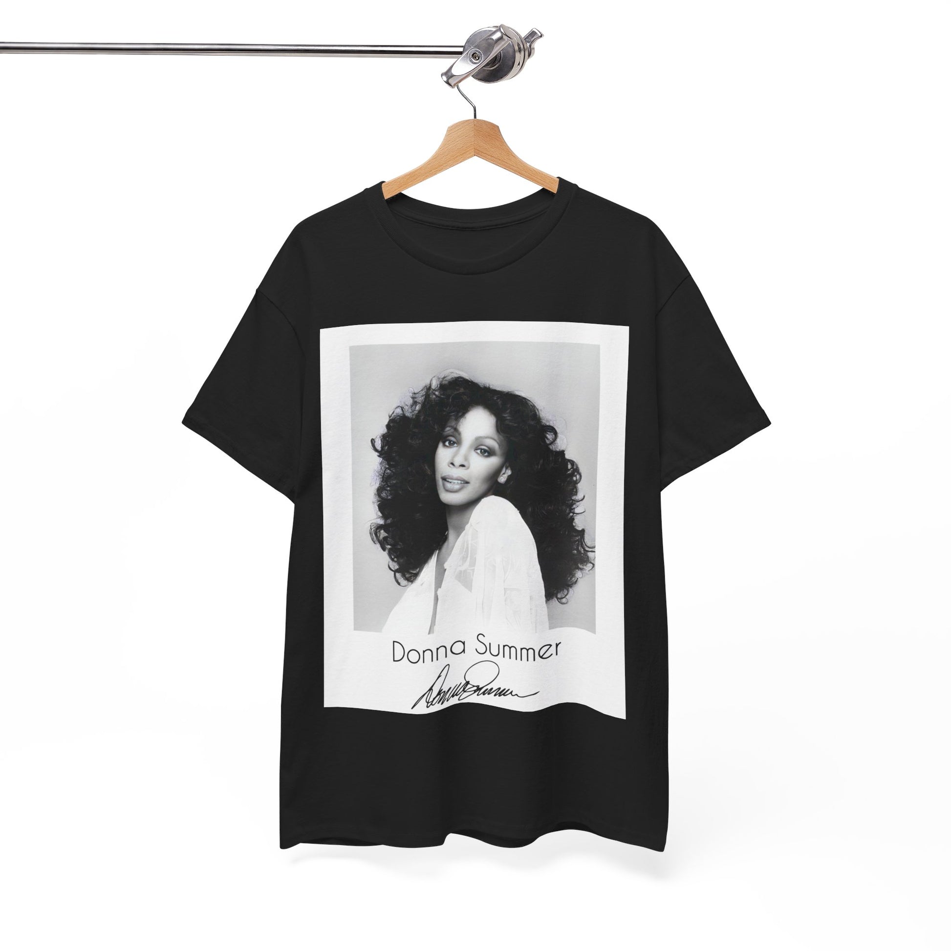 A black graphic t-shirt featuring a portrait of Donna Summer, possibly with her signature or iconic elements.