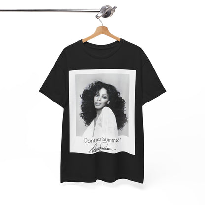 A black graphic t-shirt featuring a portrait of Donna Summer, possibly with her signature or iconic elements.