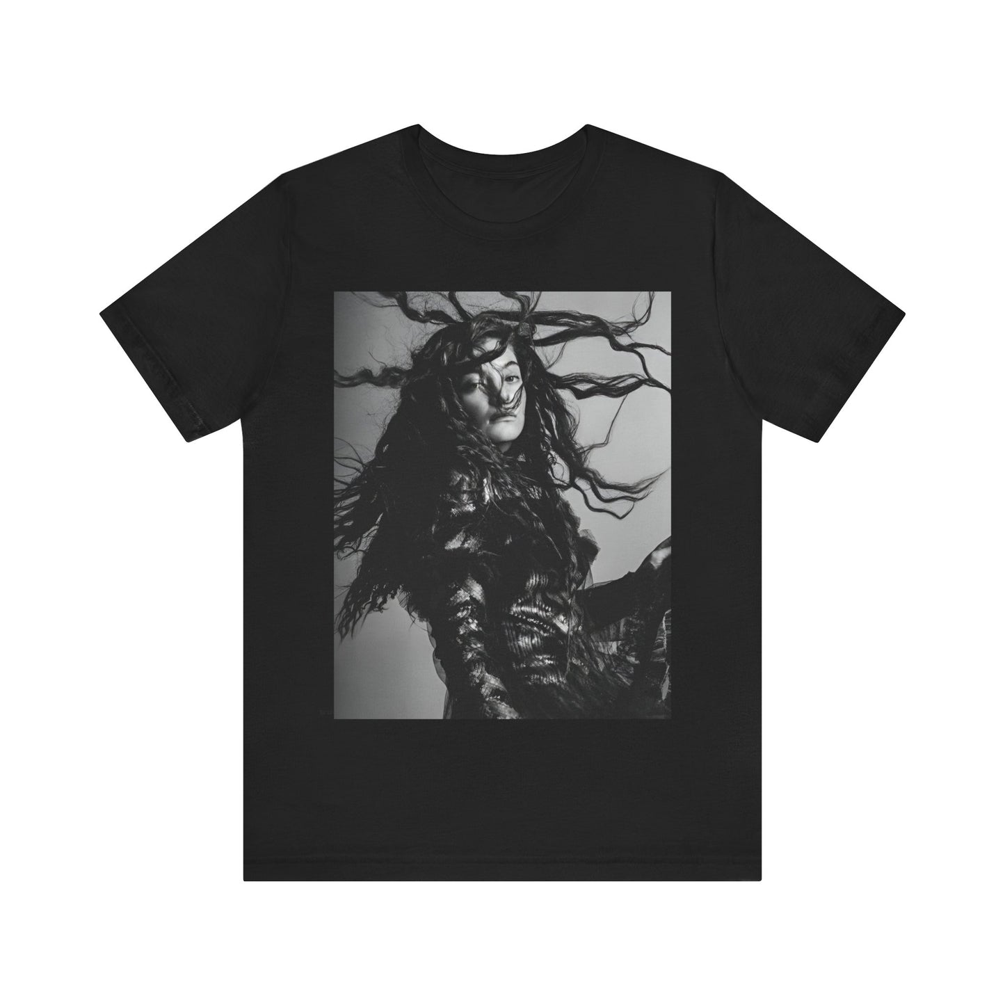 A black graphic t-shirt featuring a black and white retro photo or graphic of Lorde.