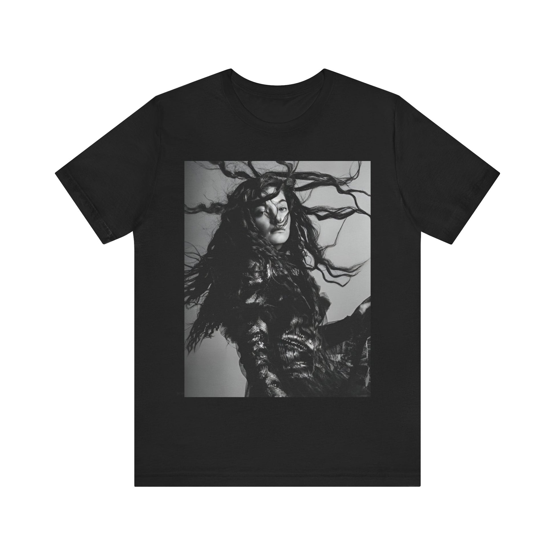 A black graphic t-shirt featuring a black and white retro photo or graphic of Lorde.