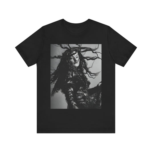 A black graphic t-shirt featuring a black and white retro photo or graphic of Lorde.