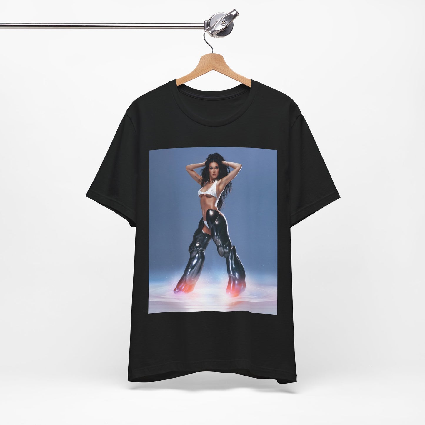 A black graphic t-shirt featuring a graphic of Katy Perry as a pop diva.